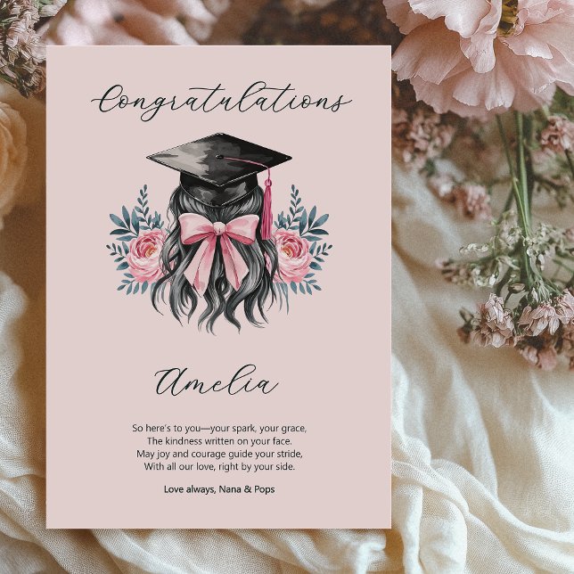 Studenten Dikt Girly Grad Cap-Grattisar Kort (Graduation Congratulations Card - order printed or digital download)