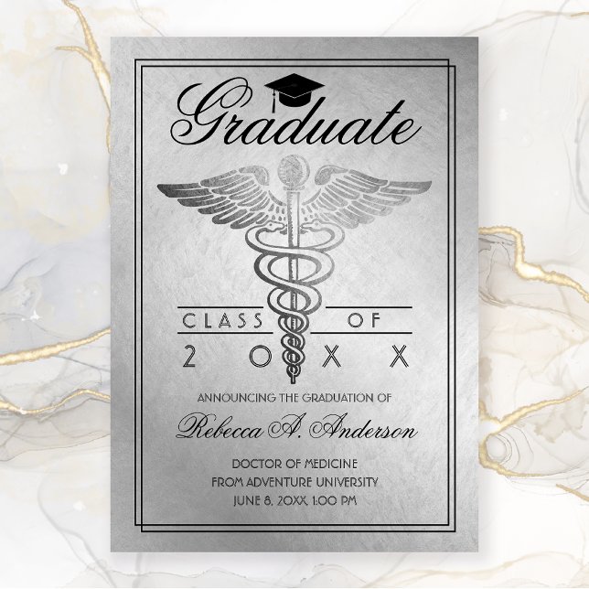 Studenten Doktor Caduceus Silver Grad Cap Meddelande (Silver Medical Graduation Announcement)
