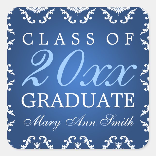 Studenten Elegant Damask Blue Fyrkantigt Klistermärke (Framsida)