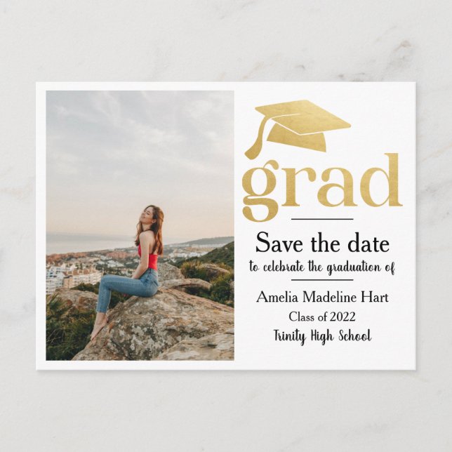 Studenten Faux Gold Foil | Spara datumfotot Vykort (Framsida)
