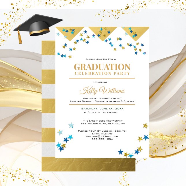 Studenten Firande Party, Guld, Namn, Inbjudningar (Graduation Celebration Party Gold Trim Invitation)