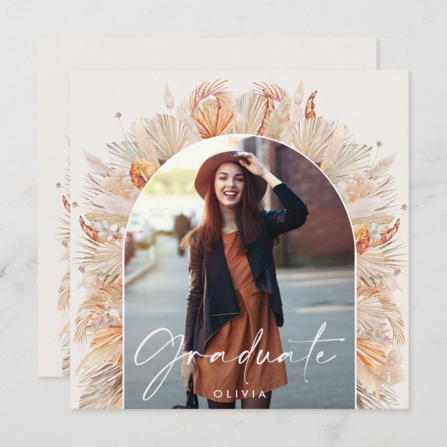 Studenten fotoarch, rustik pampas botaniska inbjudningar (Fram/baksida)