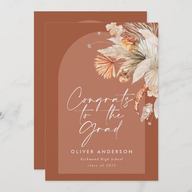 Studenten fotobåge terracotta pampas botaniska inbjudningar (Fram/baksida)