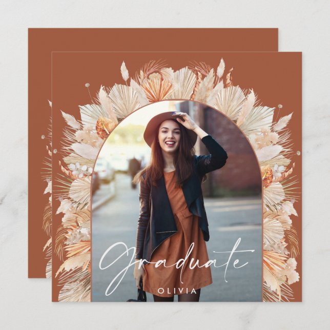 Studenten fotobåge terracotta pampas botaniska inbjudningar (Fram/baksida)