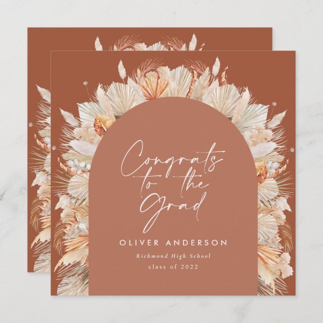 Studenten fotobåge terracotta pampas botaniska inbjudningar (Fram/baksida)