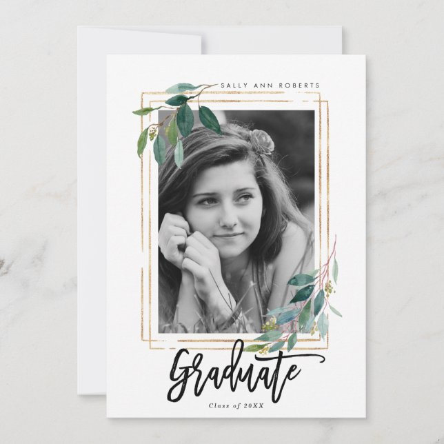 studenten-fotokort för greenery faux guld ram tack kort (Framsida)