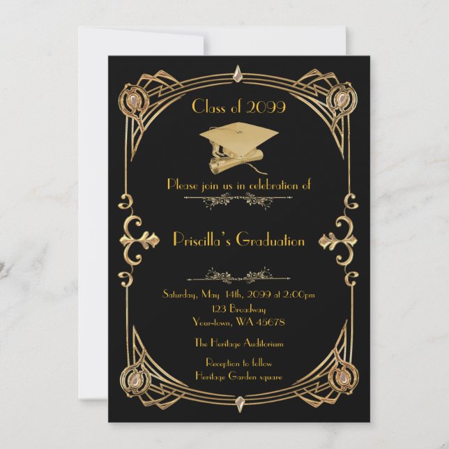 Studenten, Gatsby stil, Black guld,monogram back Inbjudningar (Framsida)