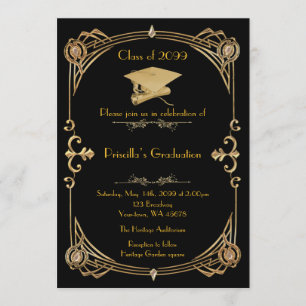 Studenten, Gatsby stil, Black guld,monogram back Inbjudningar