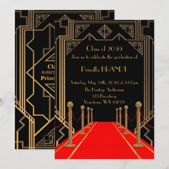 Studenten, Gatsby stil, Red Carpet stil, Black Inbjudningar (Fram/baksida)