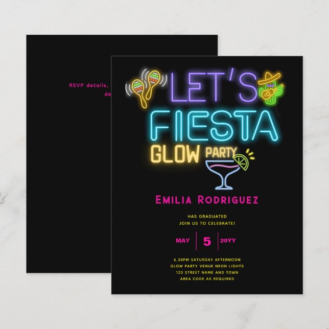 Studenten Glow Party inbjudación Fiesta de Neón (Fram/baksida)