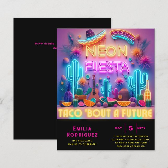 Studenten Glow Party inbjudación Fiesta de Neón (Fram/baksida)
