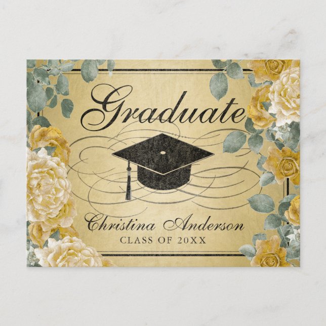 Studenten Grad Cap Guld Ro Blommigt Inbjudan Vykort (Framsida)