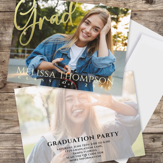 Studenten Grad Guld Calligraphy Simple Two Photo Inbjudningar (Graduation photo invitation template with gold calligraphy script. )