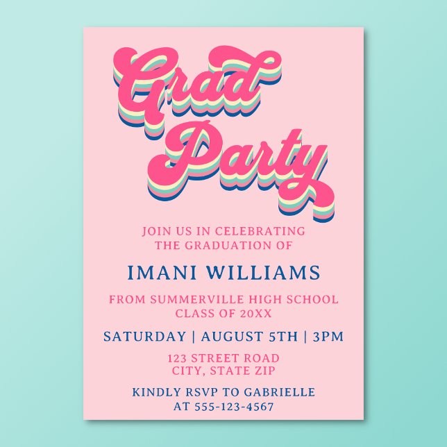 Studenten Grad Party Groovy Retro Typography Inbjudningar (Retro groovy grad party invitation on a turquoise background.)