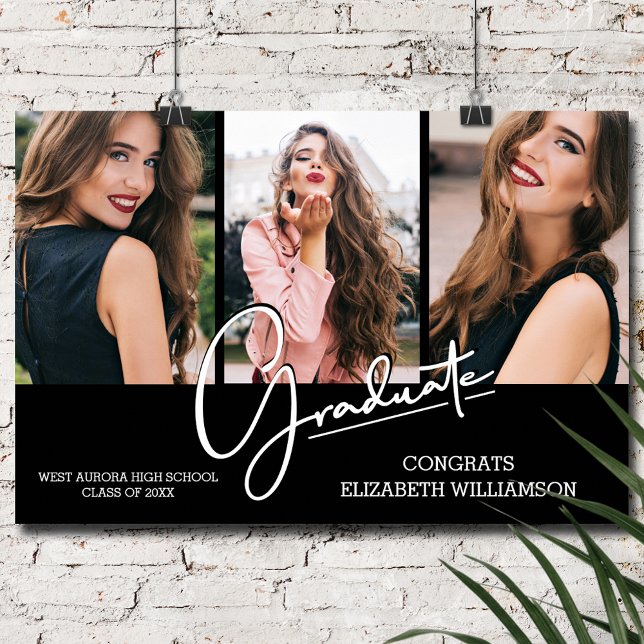 Studenten Grattiss Black Modern 3-foto Poster (Graduation Congratulations 3 Photos on Black Poster, INSTANT DOWNLOAD and/or POSTER)