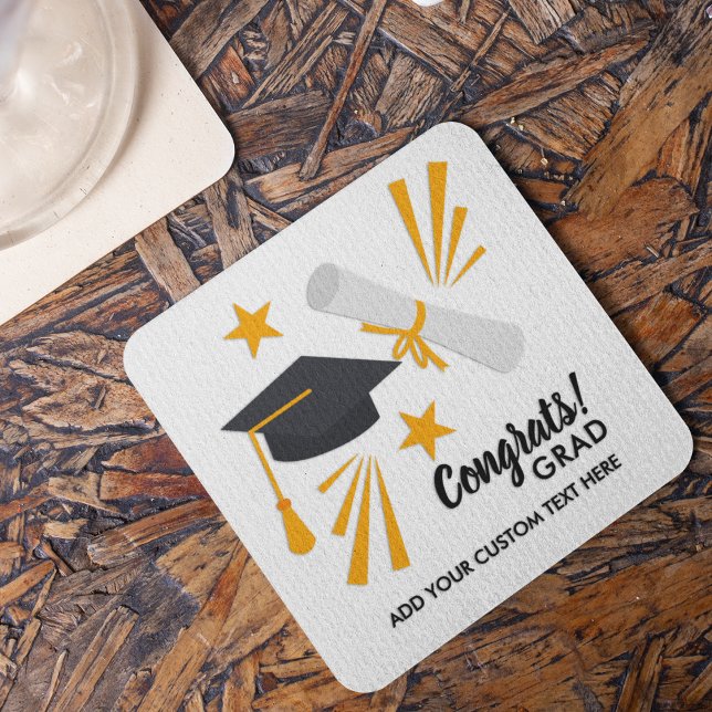 Studenten Gratulerar Grad Cap Diploma Stars Anpass Underlägg Papper Kvadrat (Skapare uppladdad)