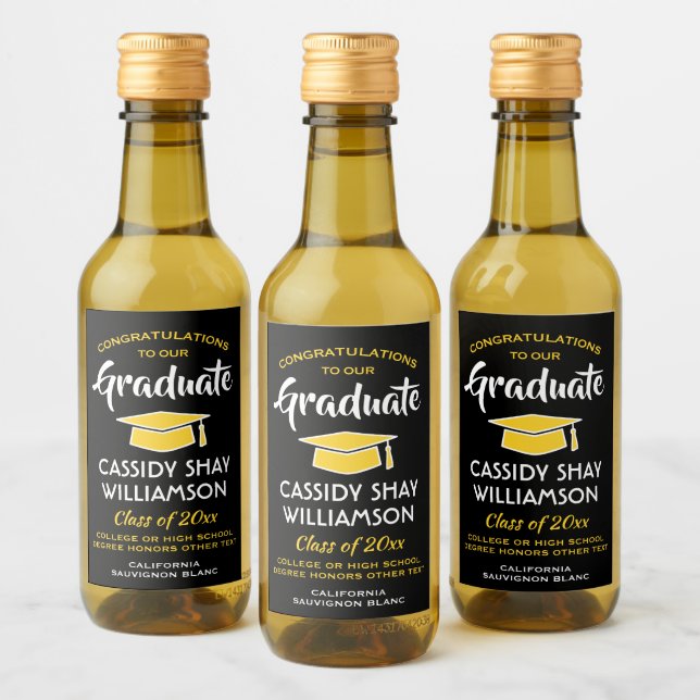 Studenten Gratulerara Elegant Black Guld Gult Mini Vinetikett (Flaskor)