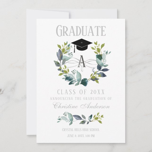 Studenten Greenery Wandeys Monogram Black Grad Cap Meddelande (Framsida)