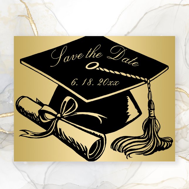 Studenten Guld Black Cap Diploma Spara datum Meddelande (Gold Graduation Save the Date with Black Grad Cap)