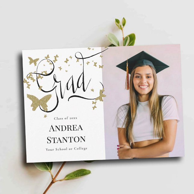 Studenten Guld Butterflies Grad Calligraphy Meddelande (graduation announcement grad handwritten calligraphy gold butterflies photo high school college)