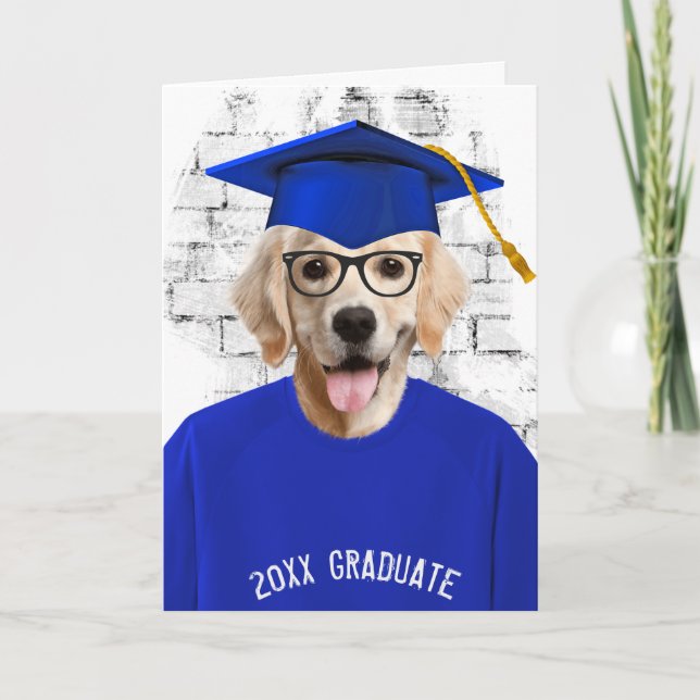 studenten gyllene kopieringsmaskin i blå t-shirt kort (Framsida)