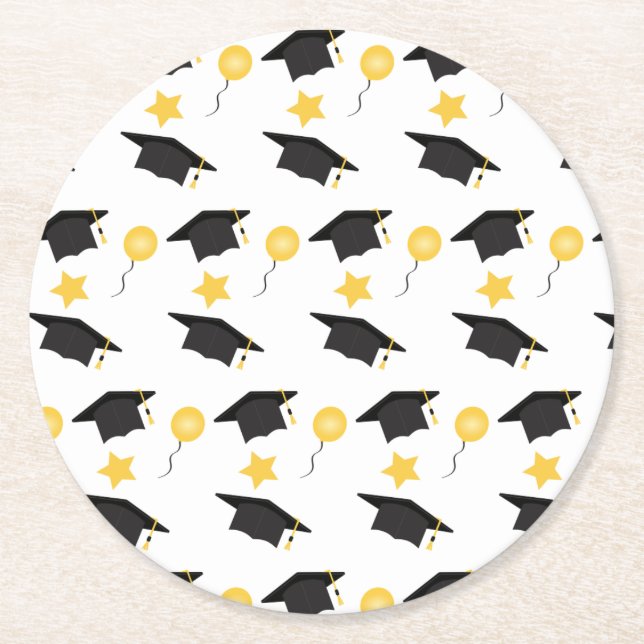 Studenten Hat Balloons Mönster Gult Black Underlägg Papper Rund (Framsidan)