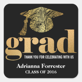 Studenten Hat Faux Gold Foil Grad Typography Fyrkantigt Klistermärke