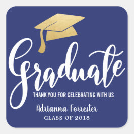 Studenten Hat Faux Gold Foil Tack Navy Blue Fyrkantigt Klistermärke