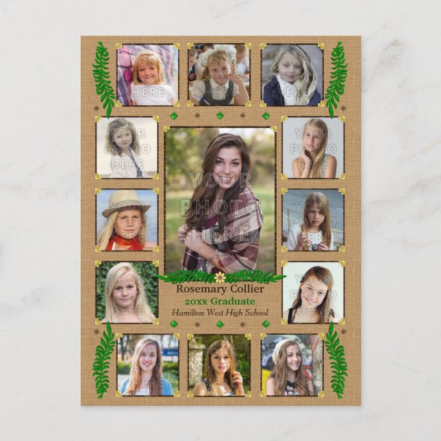 Studenten High School Photo Collage | Burlap Fern Meddelande Vykort (Framsida)