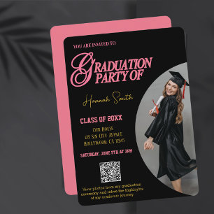Studenten Inbjudan,Anpassningsbar foto,QR-kod,Rosa Julkort
