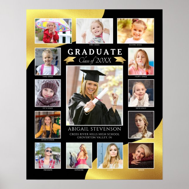 Studenten K-12 Photo Collage Black Guld Metallic Poster (Framsidan)