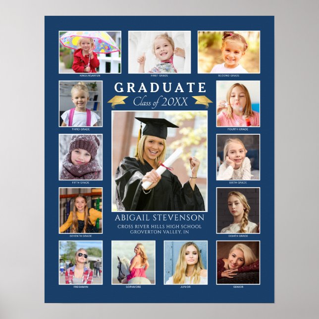 Studenten K-12 Photo Collage Blue Keepsaké Poster (Framsidan)