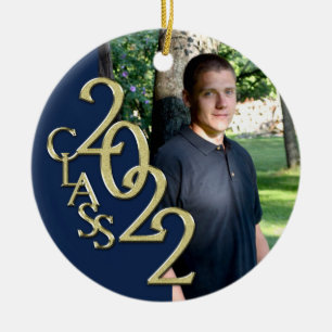 Studenten-klass 2022 Fotoblått med Guld Julgransprydnad Keramik