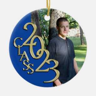 Studenten-klass 2023 Fotoblått med Guld Julgransprydnad Keramik