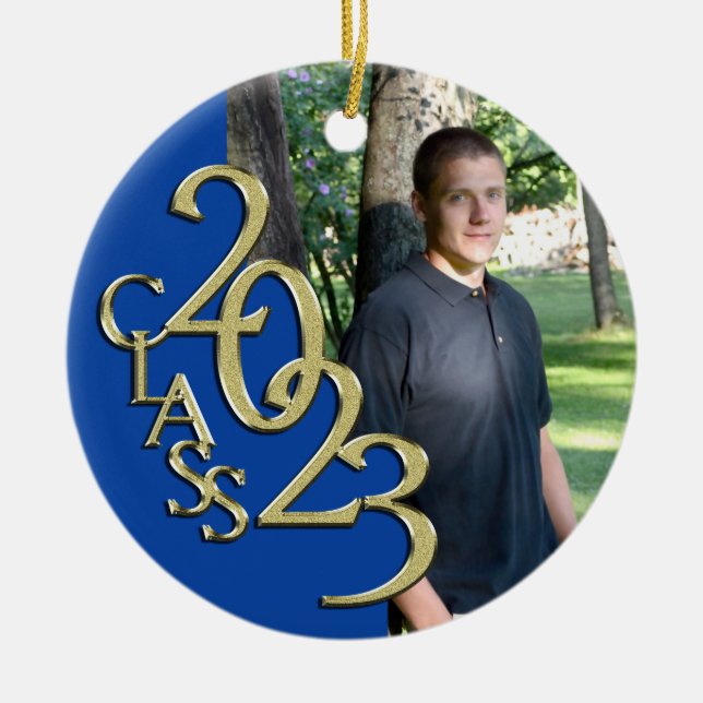 Studenten-klass 2023 Fotoblått med Guld Julgransprydnad Keramik (Framsidan)