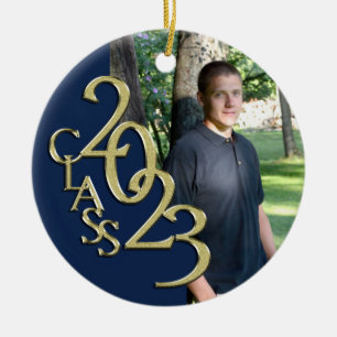 Studenten-klass 2023 Fotoblått med Guld Julgransprydnad Keramik