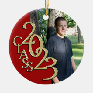 Studenten, klass 2023, fotoröd med Guld Julgransprydnad Keramik