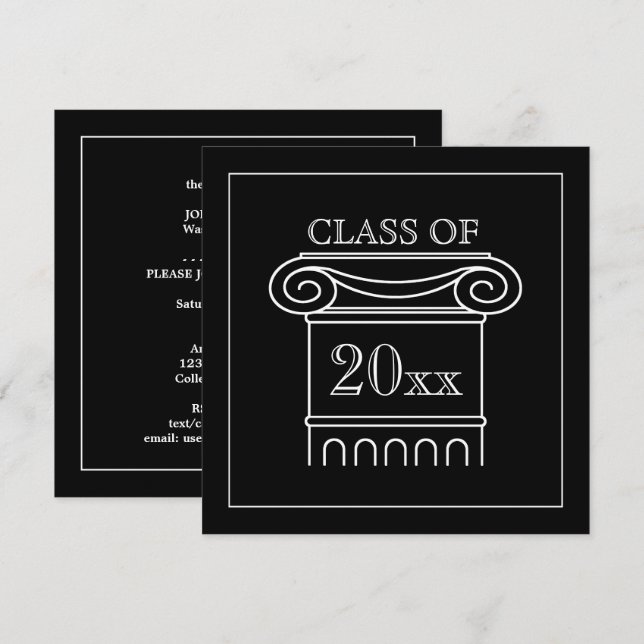 Studenten, klass År, Elegant Modern svart vit Inbjudningar (Fram/baksida)