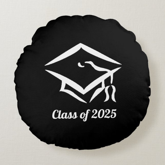 Studenten-klass för 2025 BLKWHT-anpassningsår Rund Kudde (Framsidan)
