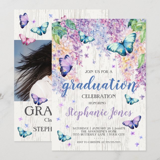 Studenten Lilacs- och fjärilsinbjudan Inbjudningar (Fram/baksida)
