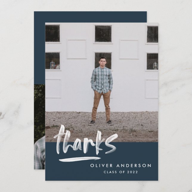 Studenten marinblå skript 3 fototack inbjudningar (Fram/baksida)