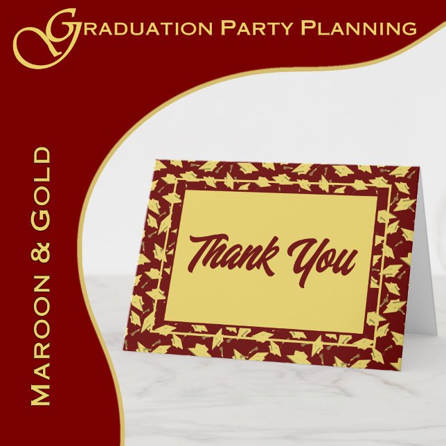Studenten Maron och Guld Party Tack Kort (A maroon and gold color scheme brings elegance to your graduation party.  www.greencarbon2112.com)