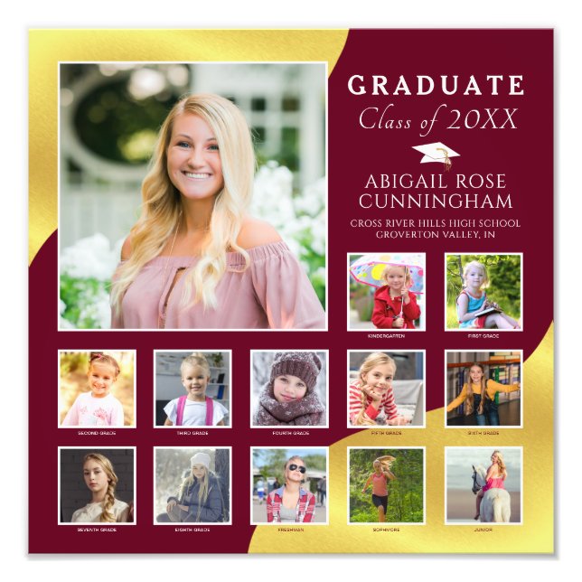 Studenten Maroon K-12 Photo Collage Metallic Guld Fototryck (Framsidan)