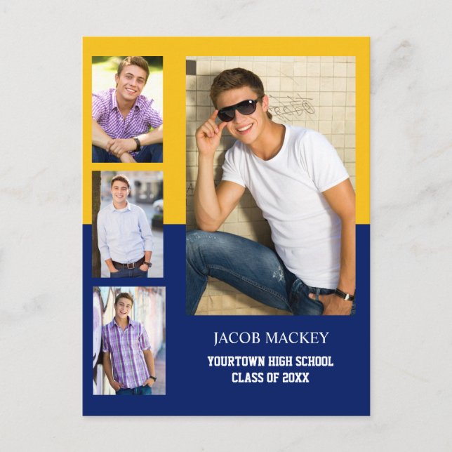 Studenten Meddelande 4 Photo Collage Blue Guld Vykort (Framsida)