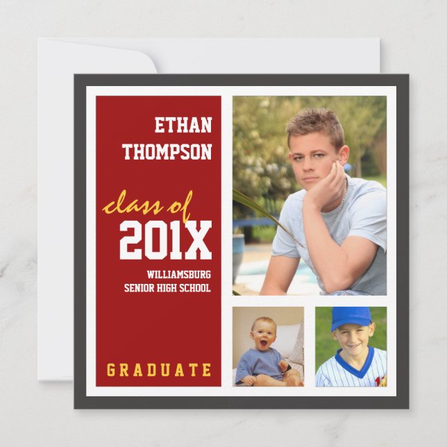 Studenten meddelande med 3 foton i rött inbjudningar (Framsida)
