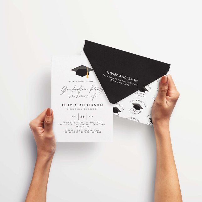 Studenten, modern enkel elegant svart vit party inbjudningar (Skapare uppladdad)