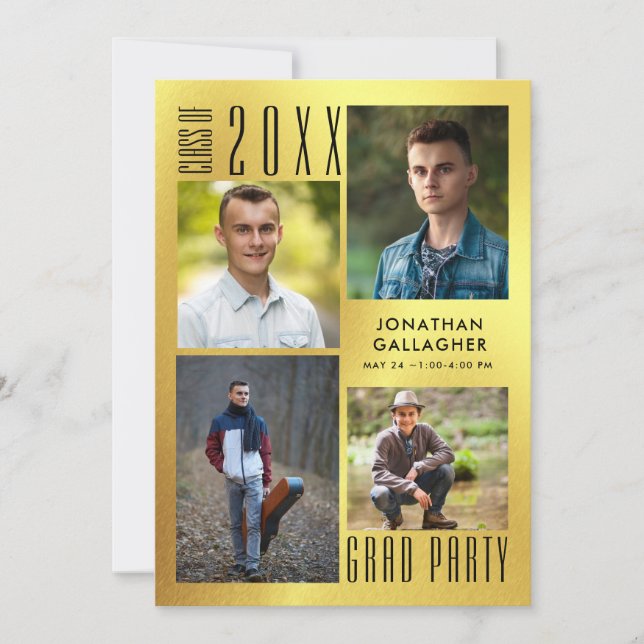 Studenten Modern Metallic Guld Sleek Black Inbjudningar (Framsida)