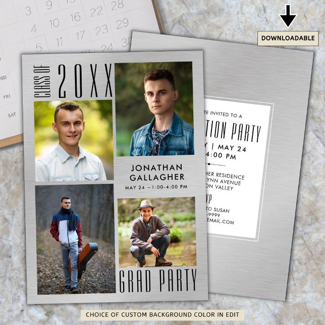 Studenten Modern Metallic Silver Sleek Black Inbjudningar (Skapare uppladdad)