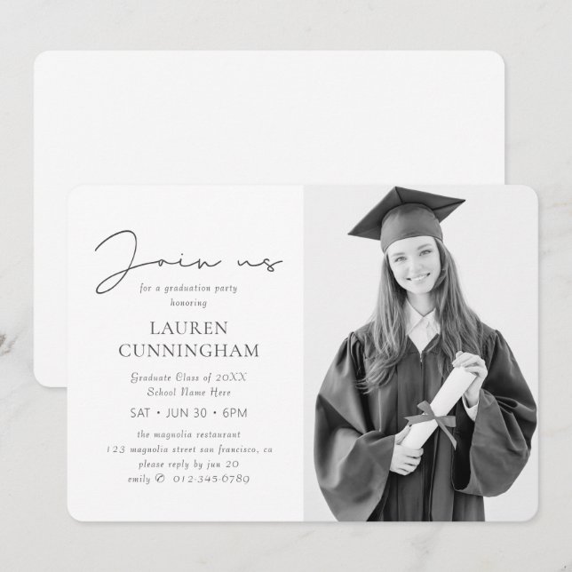 Studenten Modern minimalistisk Chic Foto Grad Part Inbjudningar (Fram/baksida)