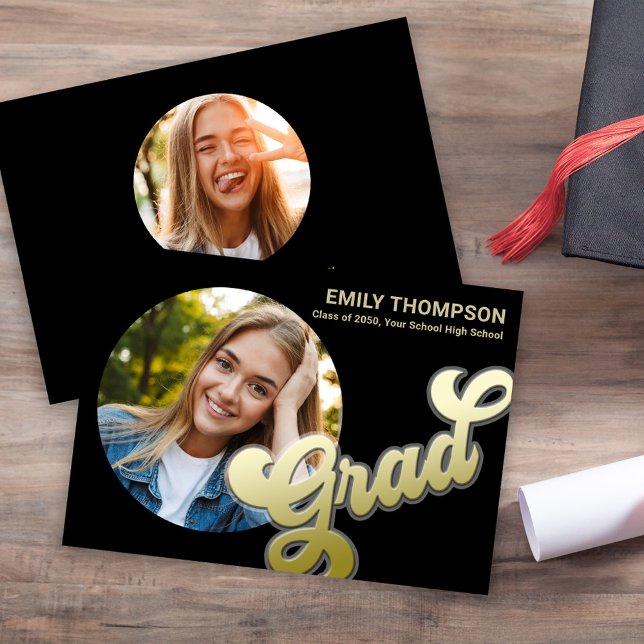 Studenten Modern minimalistisk svart och Guld Meddelande (Graduation gold typography circle photo announcement template.)